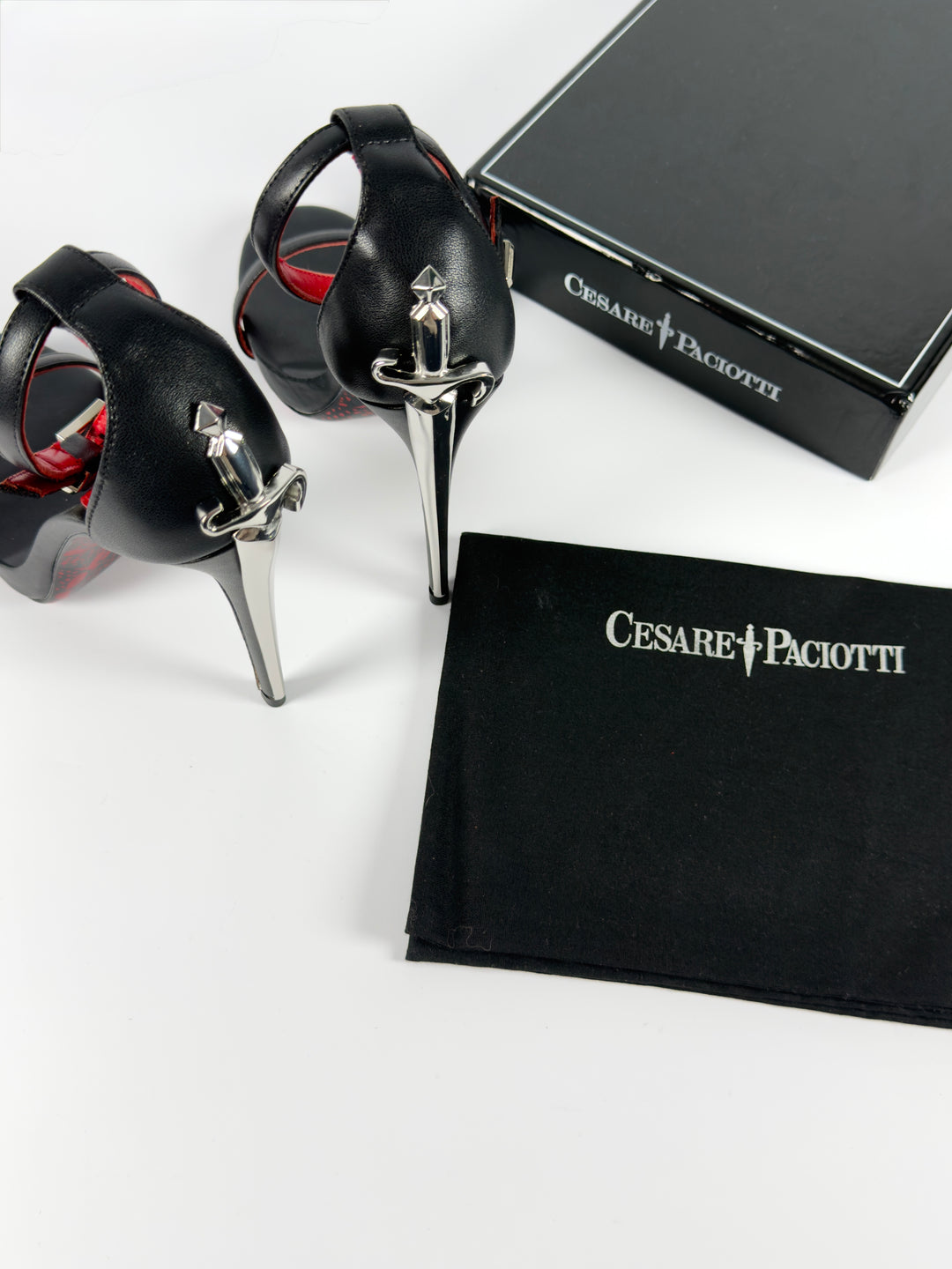 Cesare Paciotti Silver Dagger Heels Opened