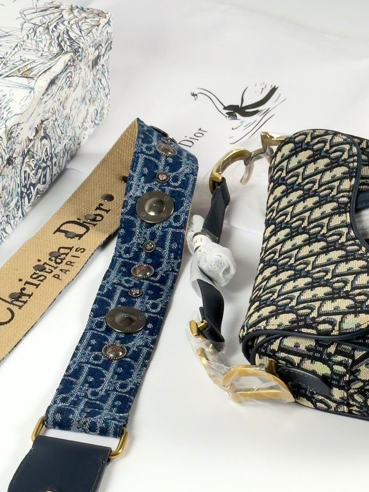 Saddle Bag with Strap Blue Dior Oblique Jacquard